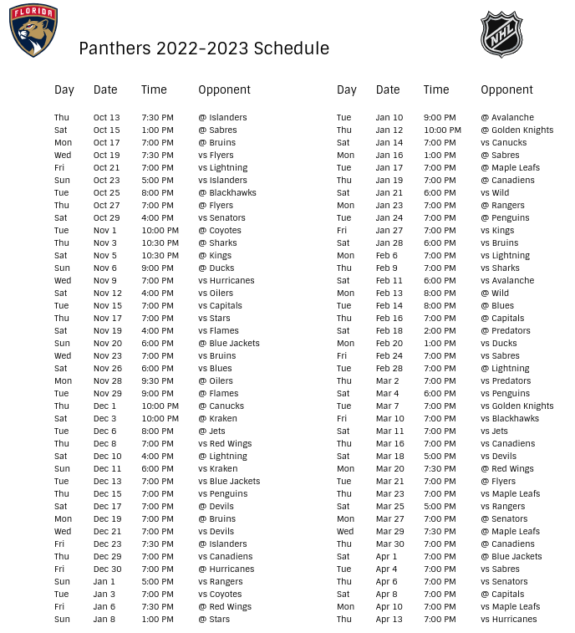 Florida Panthers 202223 Season Schedule