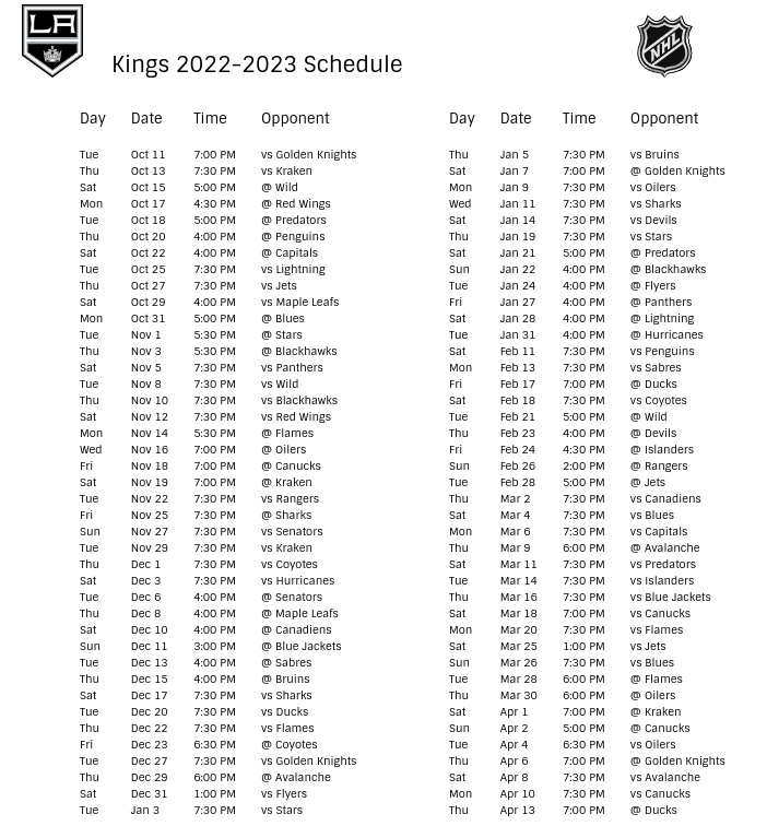 Los Angeles Kings 2022-23 Season Schedule