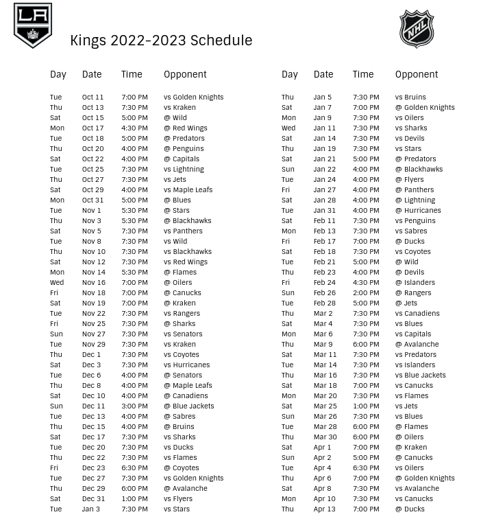 Los Angeles Kings 2022 23 Season Schedule