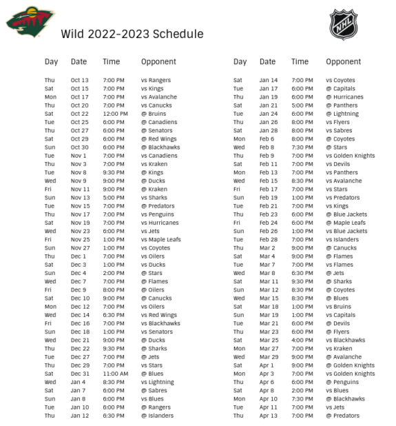 Minnesota Wild Schedule 202223