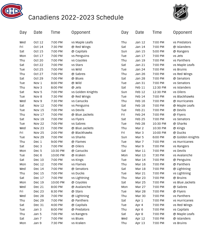 Montreal Canadiens 2022-23 Season Schedule