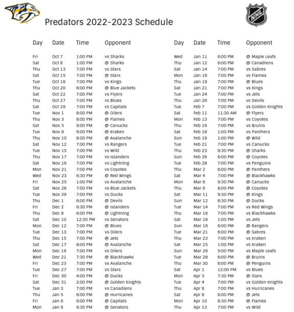 Nashville Predators Schedule 2022 23