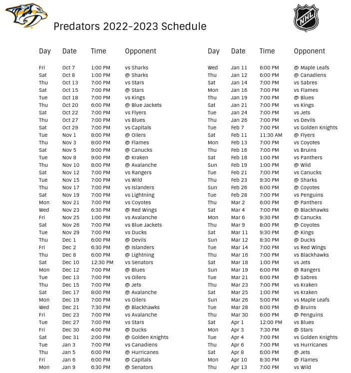 nashville predators schedule 2022