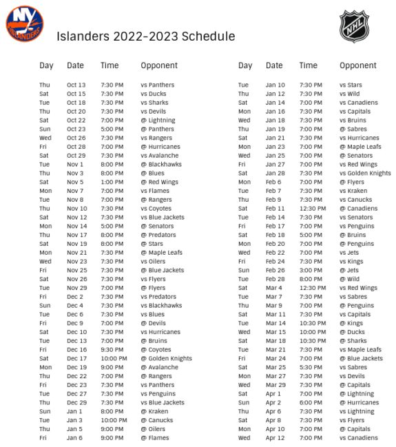 New York Islanders 202223 Season Schedule