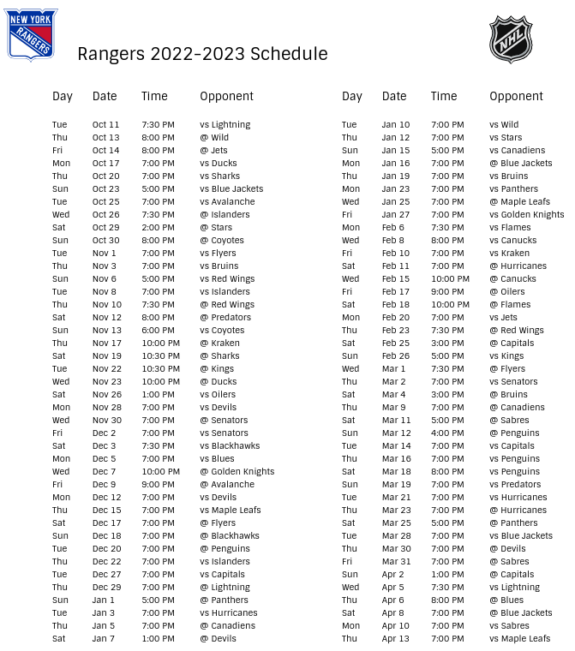New York Rangers 2022-23 Season Schedule