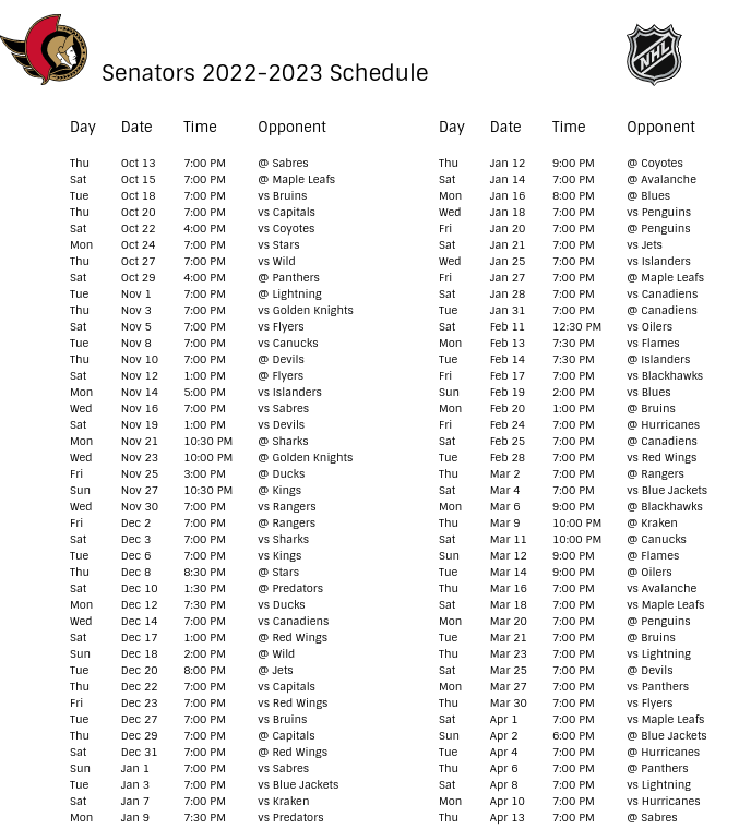 Ottawa Senators Schedule - 2022-23