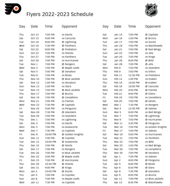 Philadelphia Flyers Schedule 202223