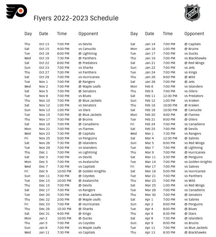Philadelphia Flyers 2022-23 Season Schedule