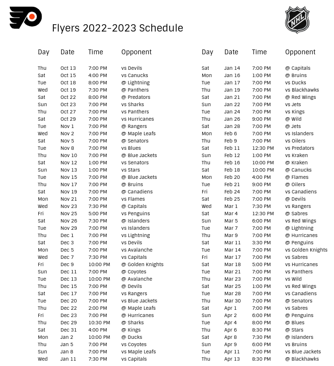 Philadelphia Flyers Schedule 2022 23