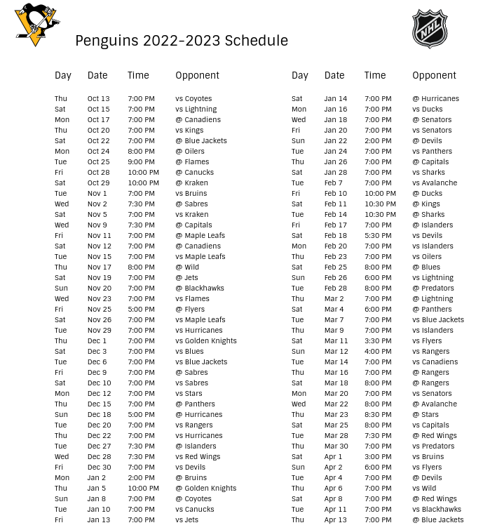 Pittsburgh Penguins Printable Schedule Printable Templates Free