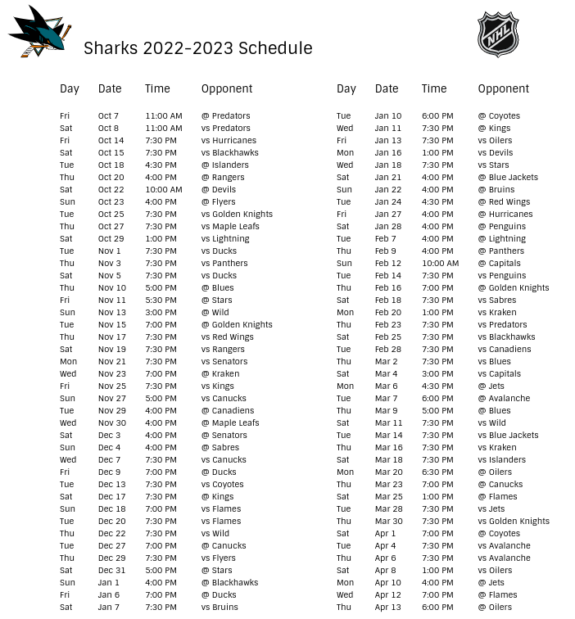 San Jose Sharks 202223 Season Schedule