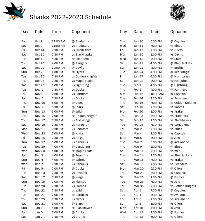 San Jose Sharks 2022 23 Season Schedule