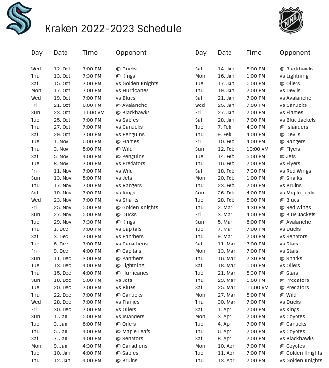 Seattle Kraken 2022-23 Season Schedule