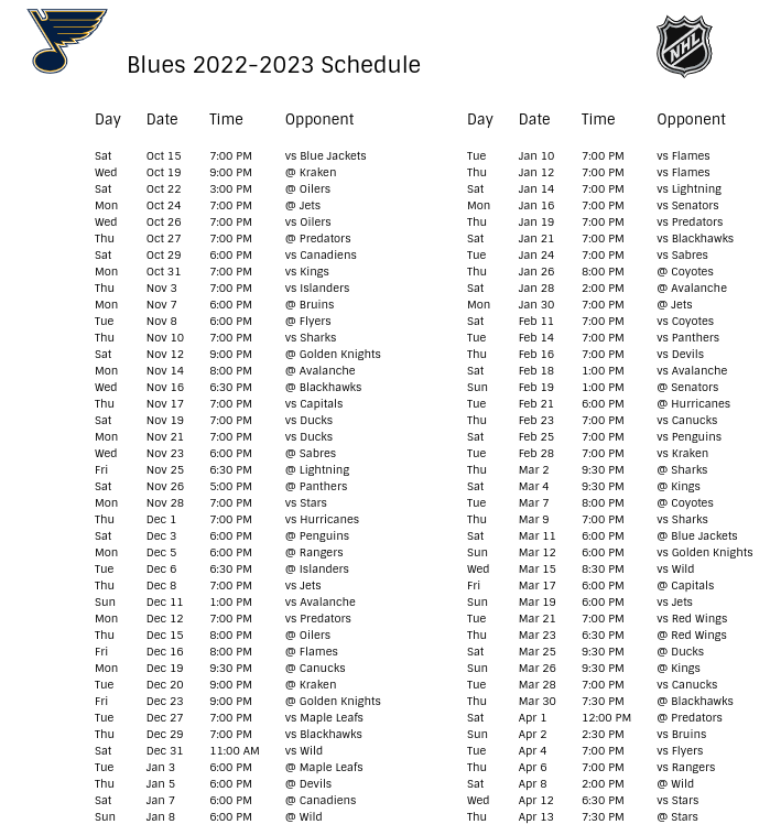 St. Louis Blues 2022-23 Season Schedule