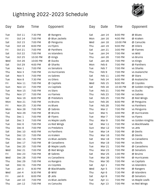 Tampa Bay Lightning 2022-23 Schedule