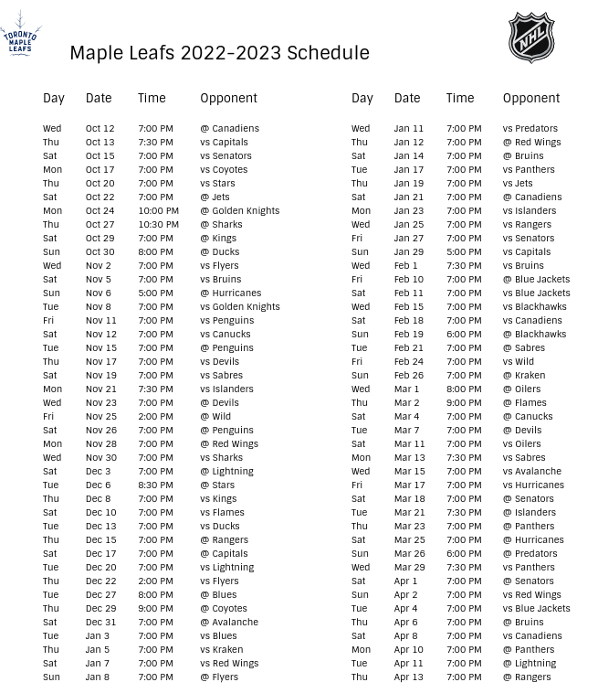 Toronto Maple Leafs Schedule 2024 25 25 Ranna Caterina