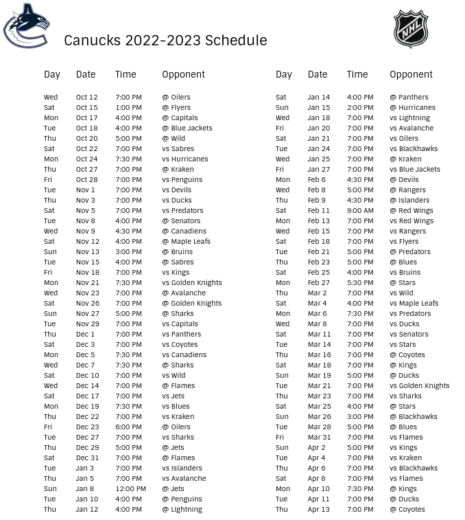 Vancouver Canucks 2022-23 Season Schedule