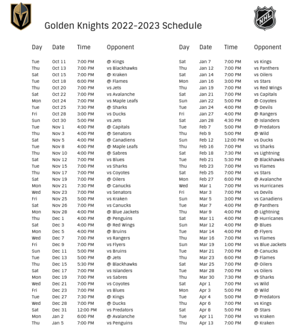 Vegas Golden Knights Schedule 202223