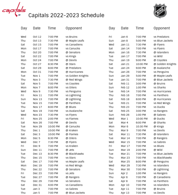 Washington Capitals Schedule 202223