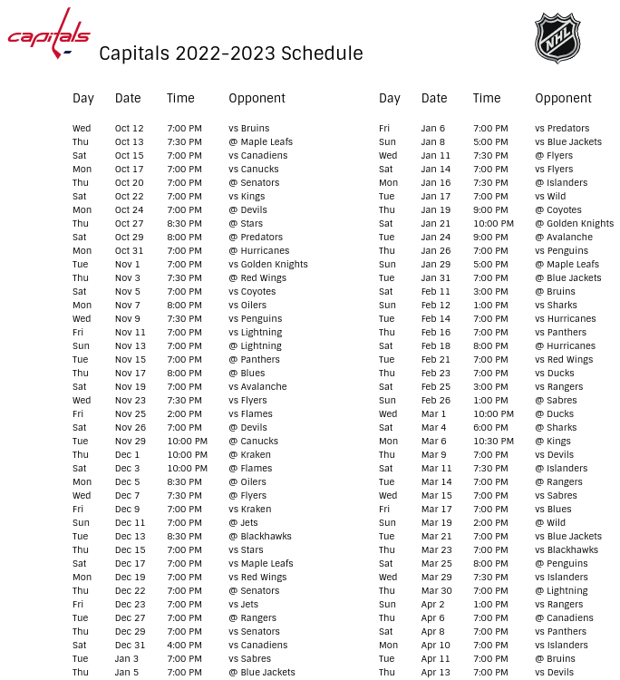 Washington Capitals 2022-23 Season Schedule