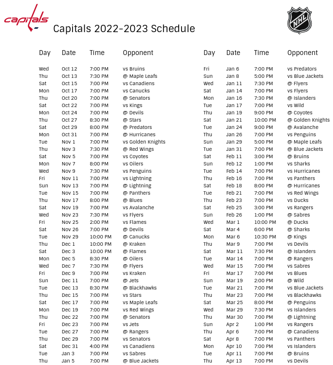 Washington Capitals Schedule 202223