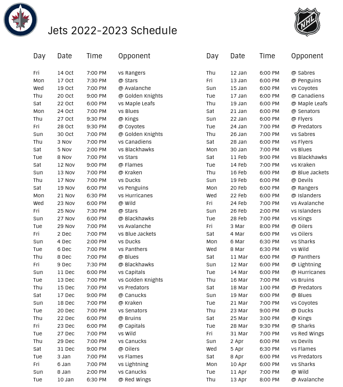 Winnipeg Jets 2022-23 Season Schedule