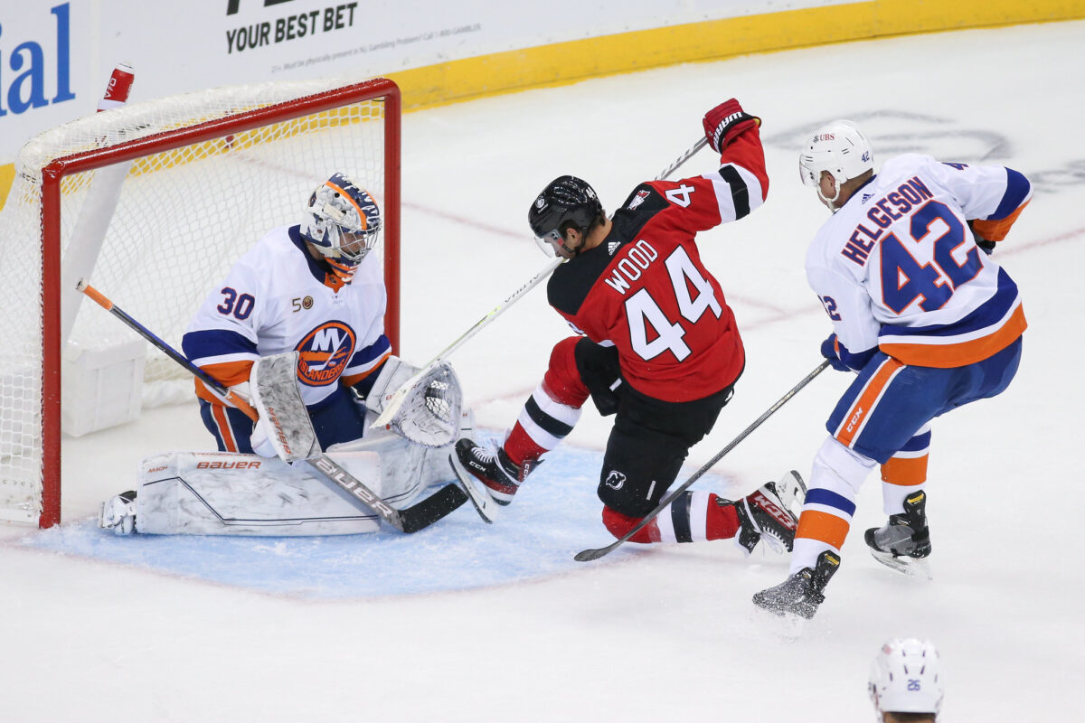 Miles Wood of the New Jersey Devils gets a chance on Ilya Sorokin of the New York Islanders