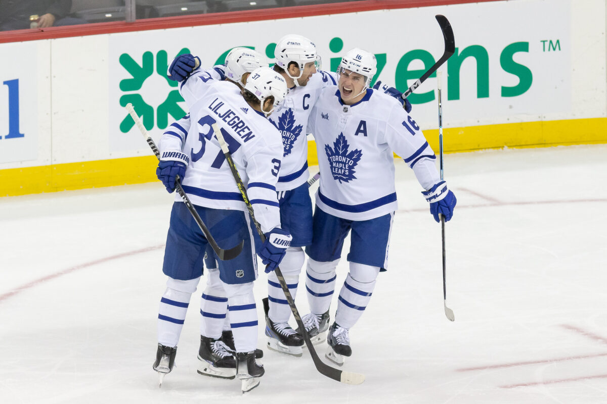 Mitch Marner John Tavares Timothy Liljegren Celebrate Toronto Maple Leafs