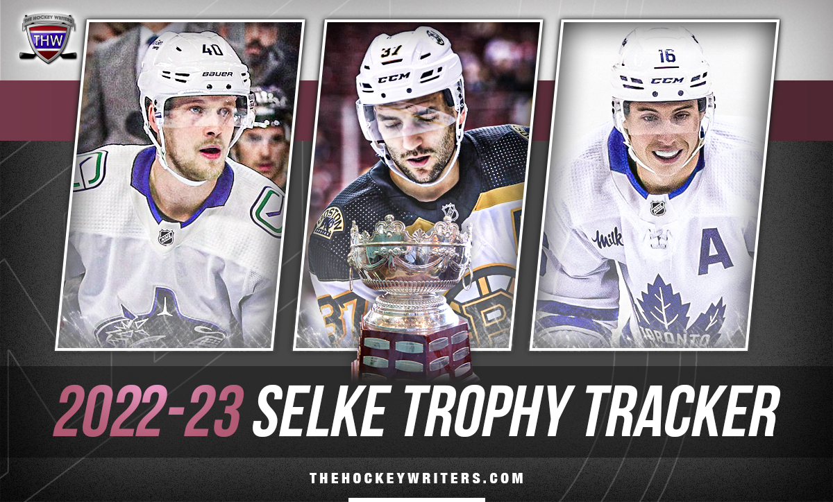 2022-23 Selke Trophy Tracker Elias Pettersson, Patrice Bergeron and Mitch Marner