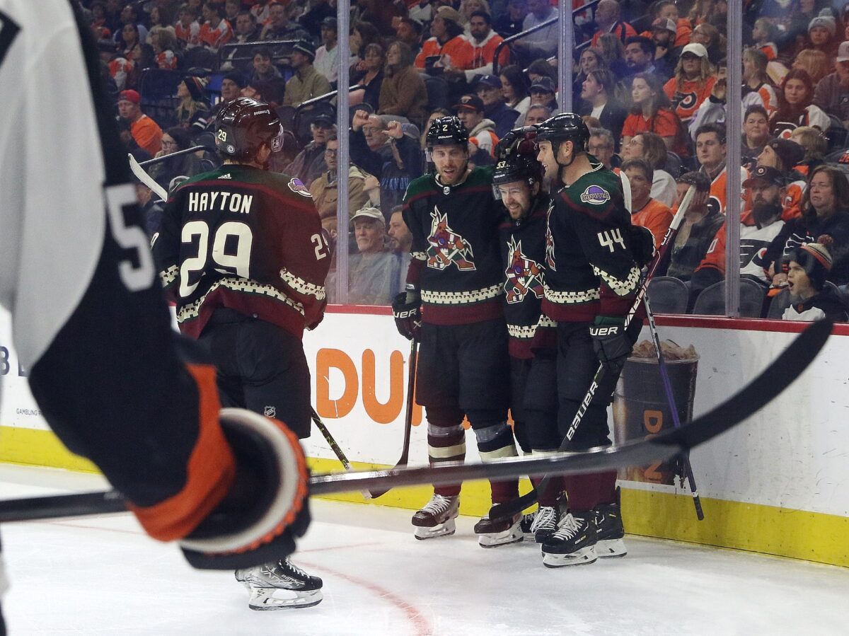 Michael Carcone Patrik Nemeth Zack Kassian Celebrate Arizona Coyotes