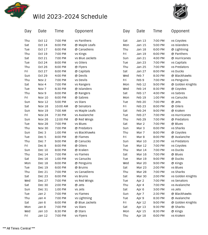 Minnesota Wild Schedule 202324
