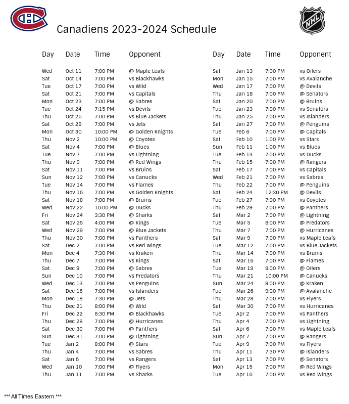 Montreal Canadiens Schedule 202324