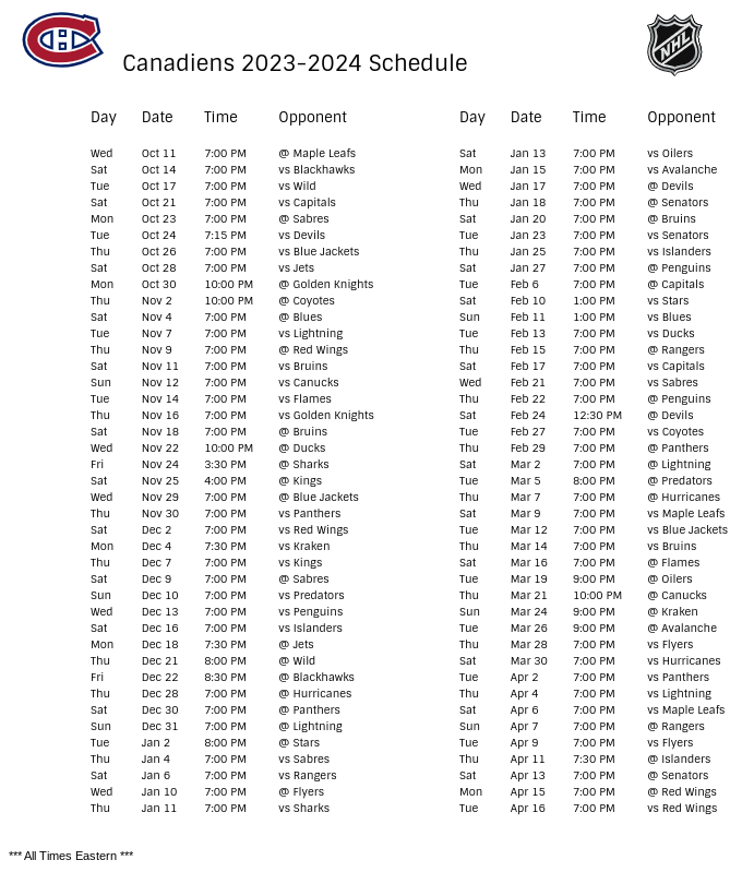 Montreal Canadiens Schedule 2023 24