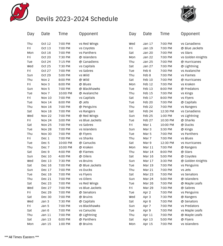 New Jersey Devils Schedule 2023 24 