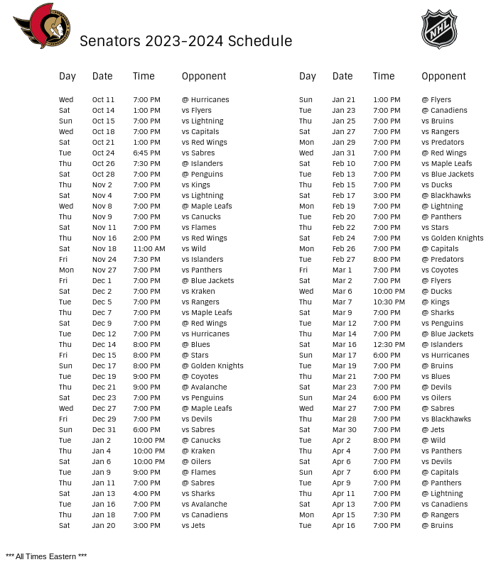 Ottawa Senators Schedule 202324