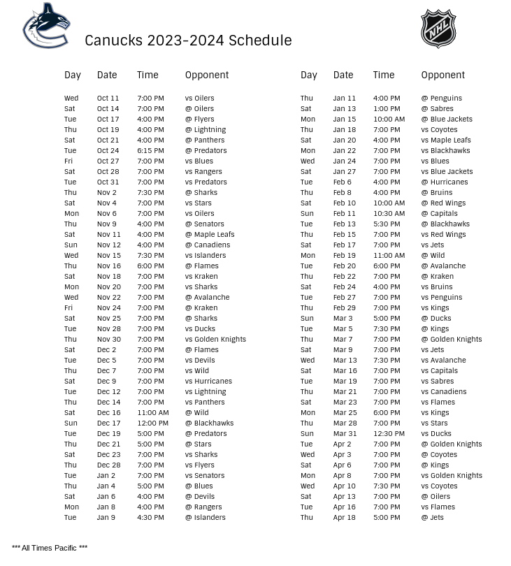Vancouver Canucks Schedule 202324