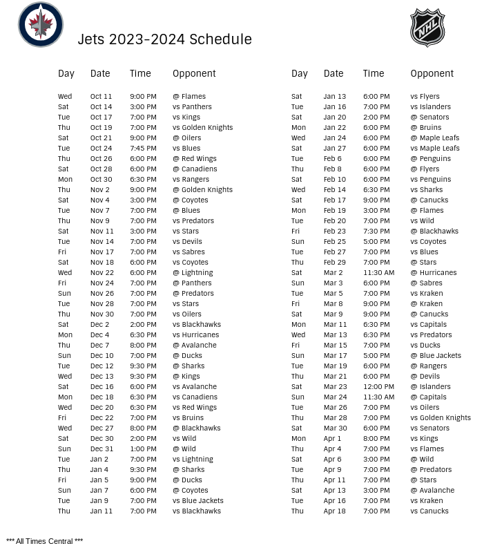 Winnipeg Jets Schedule 202324