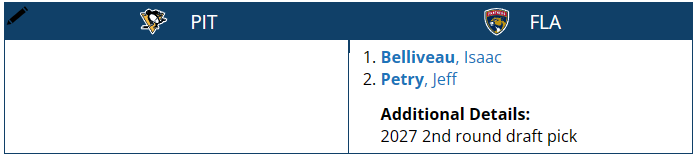 A visual representation of a projected Jeff Petry trade from the Pittsburgh Penguins to the Florida Panthers.