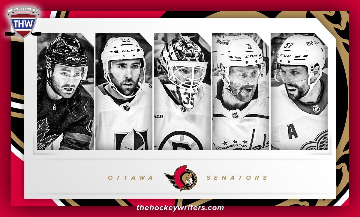 Ottawa Senators David Perron, Noah Gregor, Michael Amadio, Nick Jensen, and Linus Ullmark