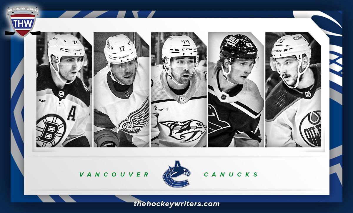 Vancouver Canucks Jake DeBrusk, Daniel Sprong, Keifer Sherwood, Vincent Desharnais and Danton Heinen