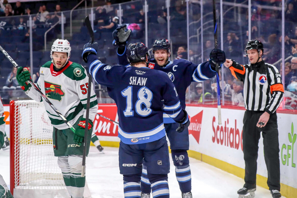 Mason Shaw Dominic Toninato Manitoba Moose Celebration